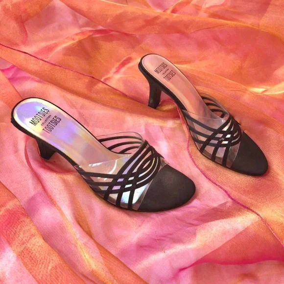 Mootsies Tootsies Shoes Y2k Black Strappy Clear Slip On Kitten